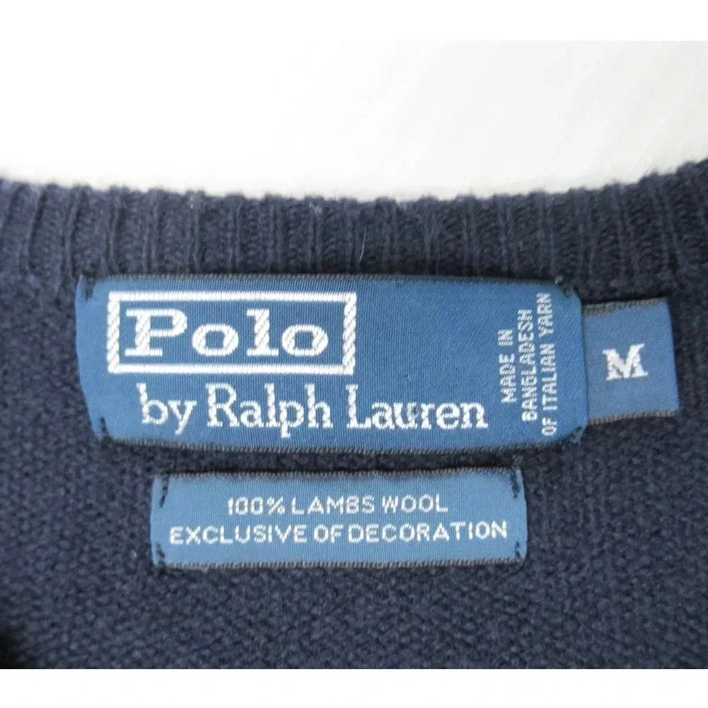 Polo By Ralph Lauren Mens Blue Lambs Wool Long Sleeve V-Neck Pullover Sweater M
